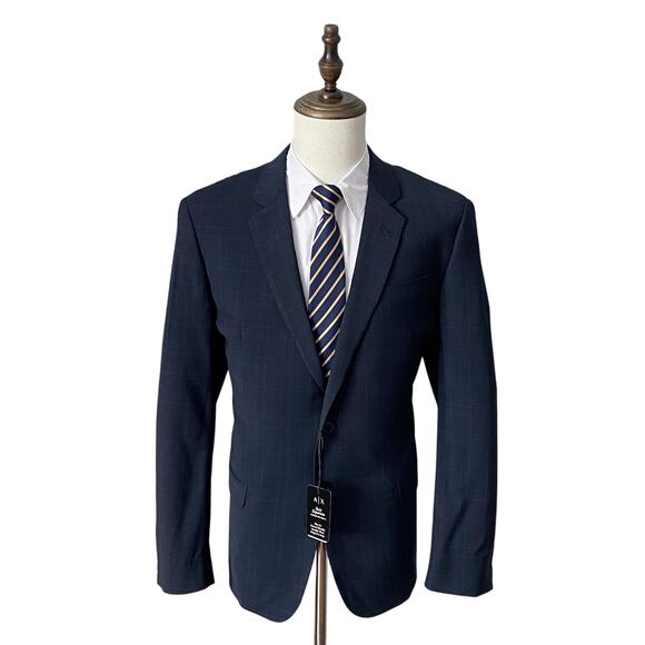 AX Armani Exchange Men's 46R Blazer Wool Blend Stretch Navy Window Pane New - Picture 1 of 9